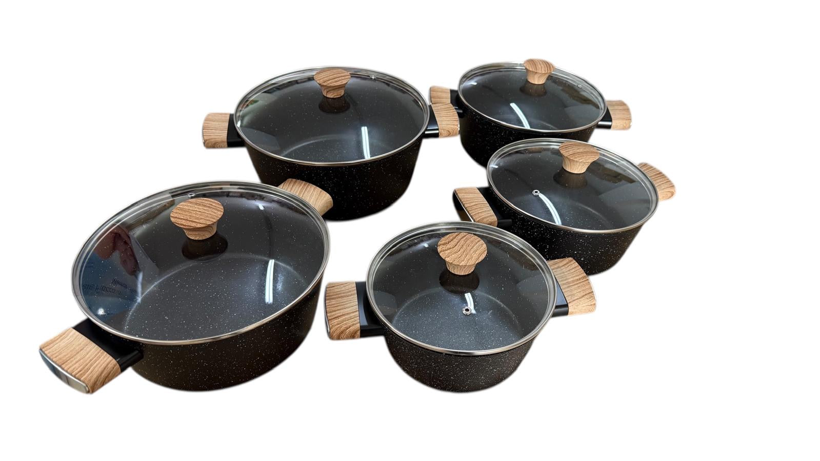 Set Pentole 10 Pezzi: 5 Casseruole + 5 Coperchi in Vetro Antiaderenti Effetto Pietra vanno bene su tutti piani di cottura