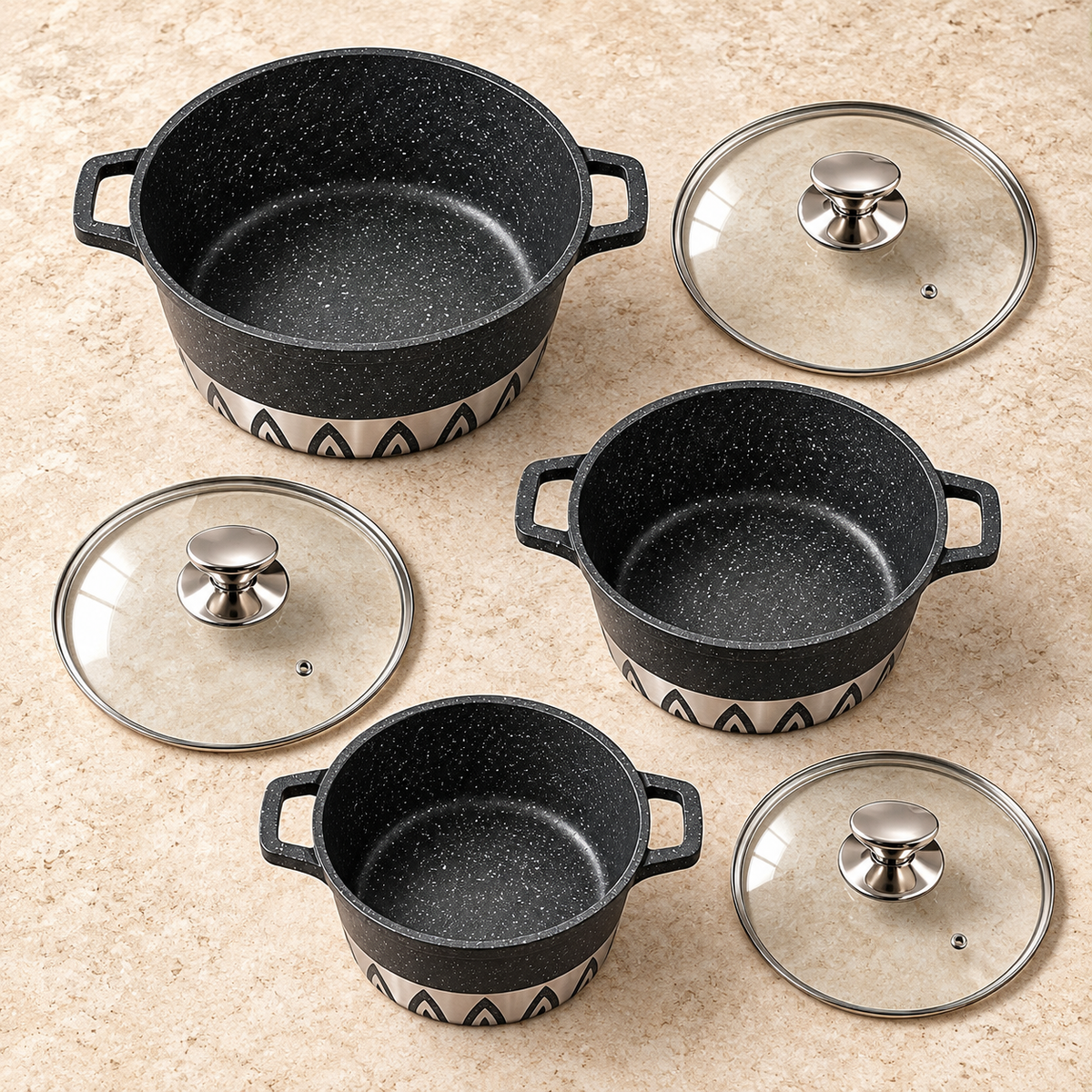 Set 3 Casseruole Bavaria Inca Deluxe 20/24/28 cm con Coperchi in Vetro – Antiaderenti, per Tutti i Piani di Cottura, Inclusa Induzione