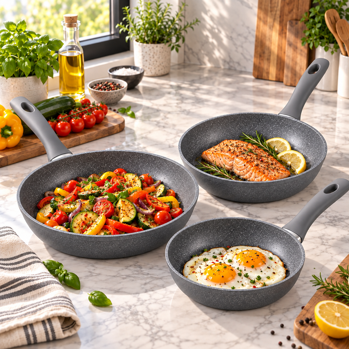 Set 3 Padelle Antiaderenti 20/24/28 cm in Alluminio Forgiato – Effetto Pietra, Manici Soft Touch, Adatte all’Induzione – Nero o Grigio