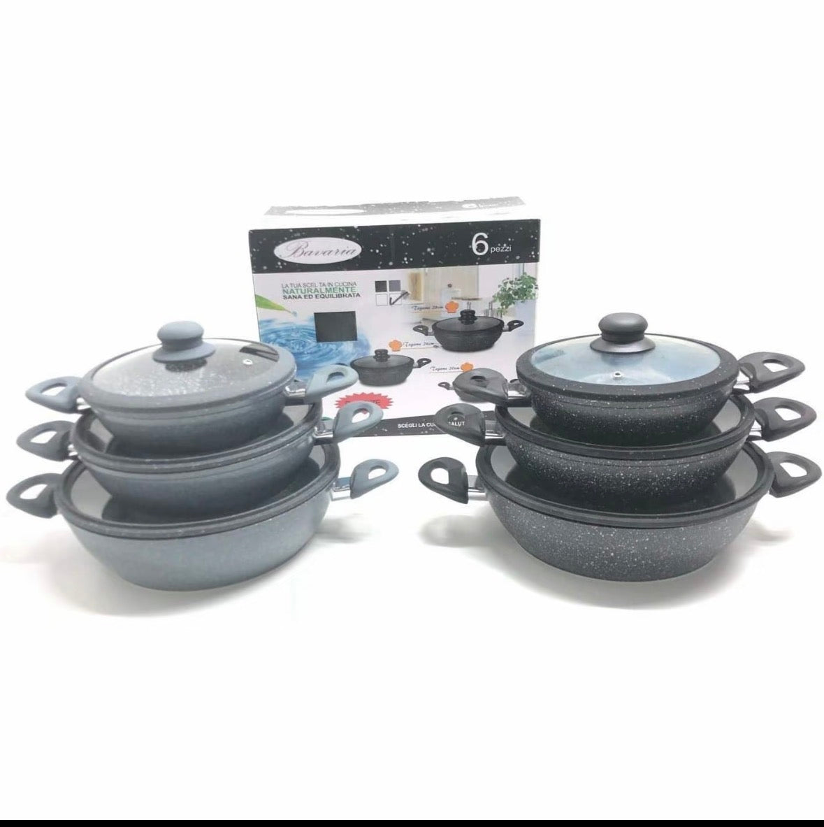 Tris Tegami Bavaria 20-24-28 cm in Pietra Lavica
Nero con Coperchi in Vetro Antiaderenti per Cucina
Sana e Induzione