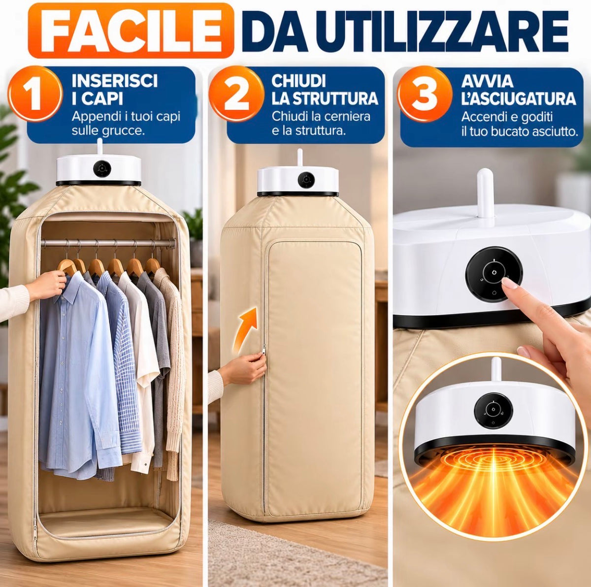 Asciugatrice Portatile per Vestiti, Asciugabiancheria Elettrica Compatta ad Aria Calda, Armadio Asciugatore per Capi Appesi, Asciugatura Rapida, Pieghevole e Salvaspazio per Casa, Viaggio e Camper