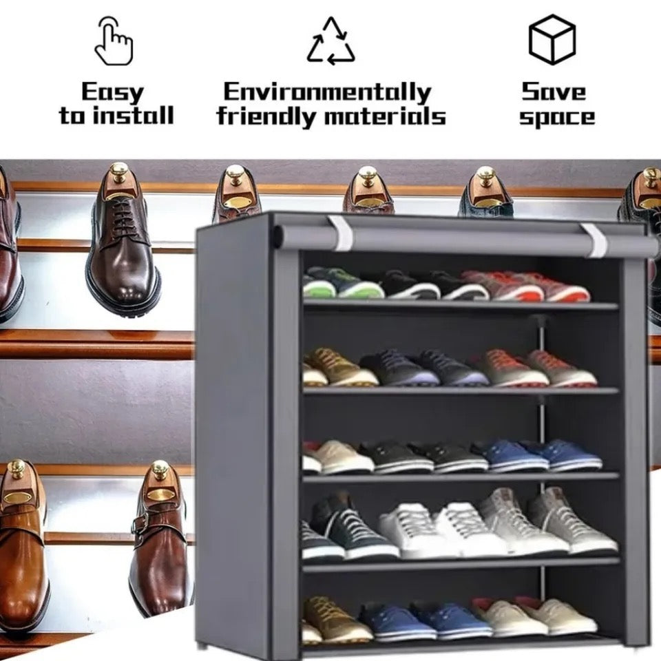 Space-saving shoe rack with 9 shelves: in fabric &amp; aluminum structure
 - Up to 27 pairs of shoes