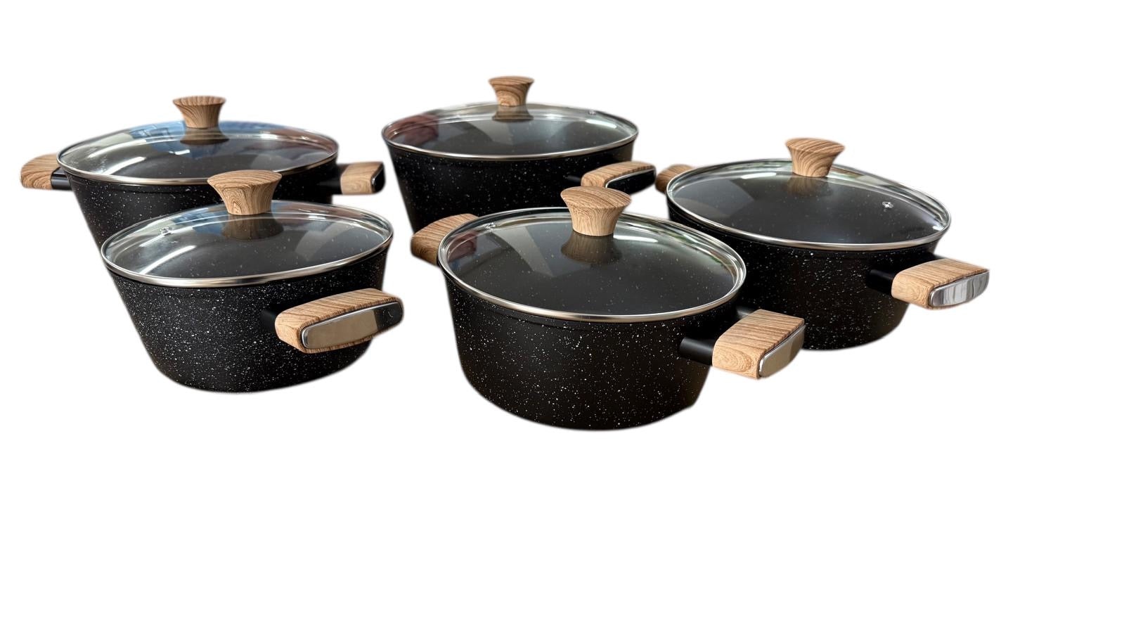 Set Pentole 10 Pezzi: 5 Casseruole + 5 Coperchi in Vetro Antiaderenti Effetto Pietra vanno bene su tutti piani di cottura
