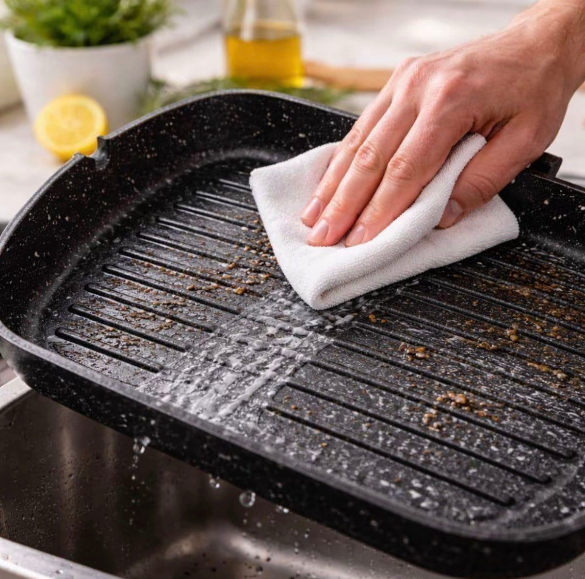 Bistecchiera Grill Effetto Barbecue Stone Antiaderente 28x28 cm con Manico in Legno
