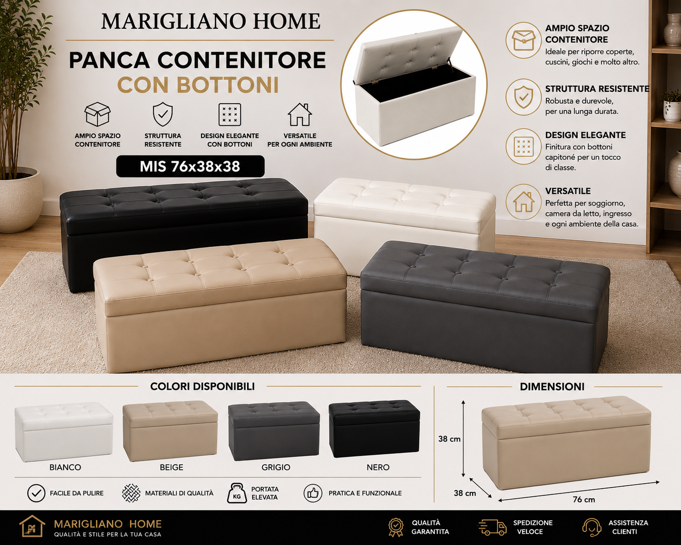 Panca Contenitore 76x38x38 cm con Bottoni – Cassapanca Salvaspazio in Ecopelle