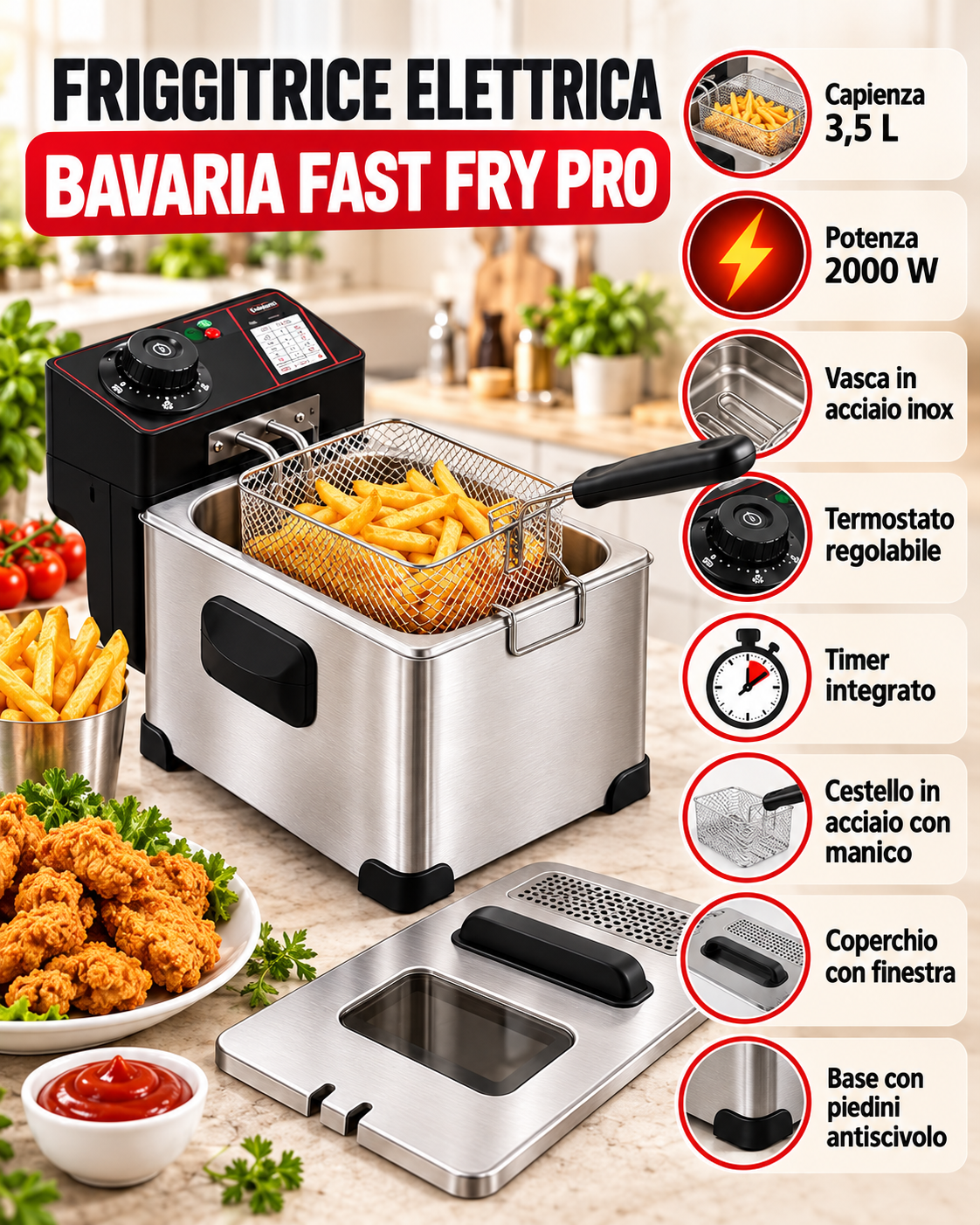 Friggitrice Elettrica Bavaria Fast Fry Pro 3,5 L, 2000 W in Acciaio Inox con Cestello e Termostato Regolabile