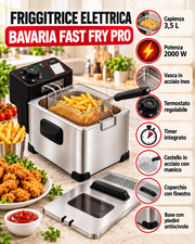 Friggitrice Elettrica Bavaria Fast Fry Pro 3,5 L, 2000 W in Acciaio Inox con Cestello e Termostato Regolabile