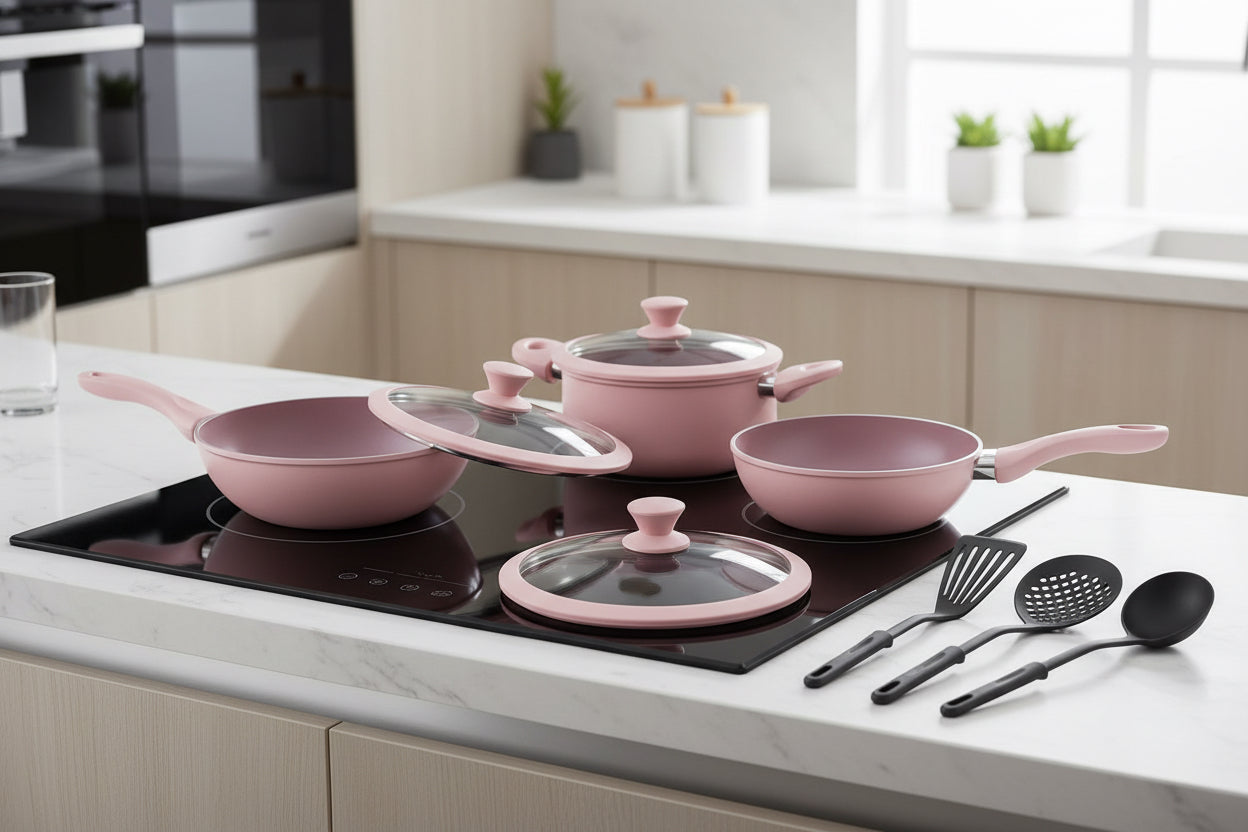 Bavaria Set di Padelle ALTO in Pietra Lavica con Coperchio Padella Antiaderente MAXI MISURE doppie Nero 20cm 24cm 28cm per Cucine a Gas e Induzione