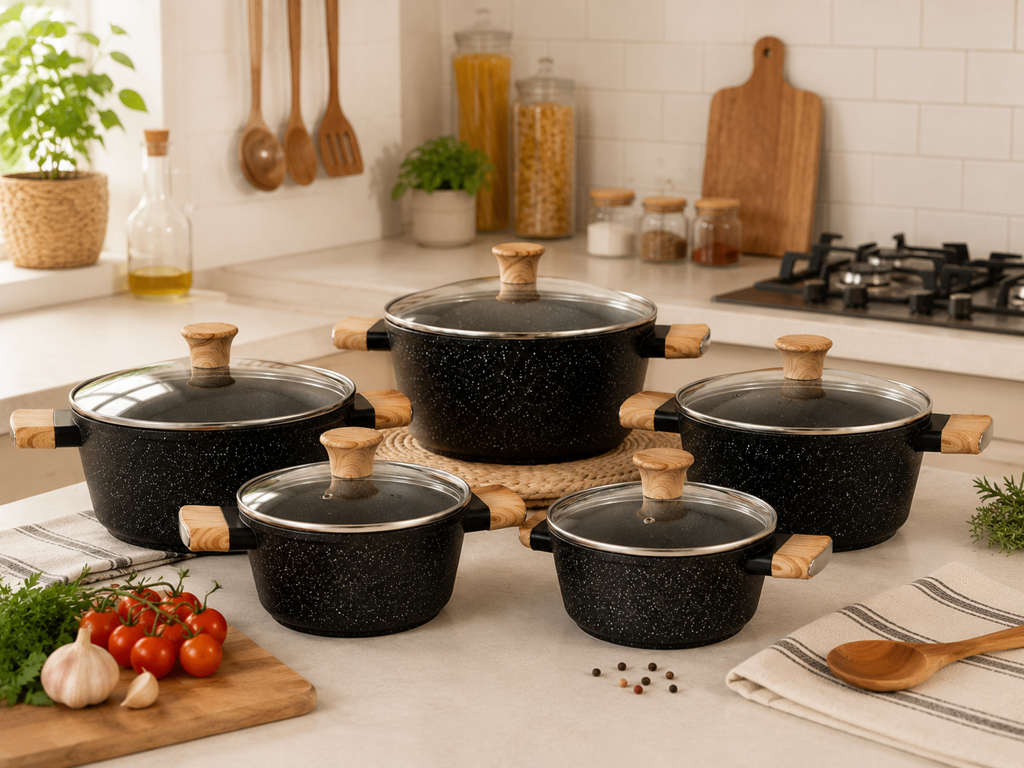 Set Pentole 10 Pezzi: 5 Casseruole + 5 Coperchi in Vetro Antiaderenti Effetto Pietra vanno bene su tutti piani di cottura