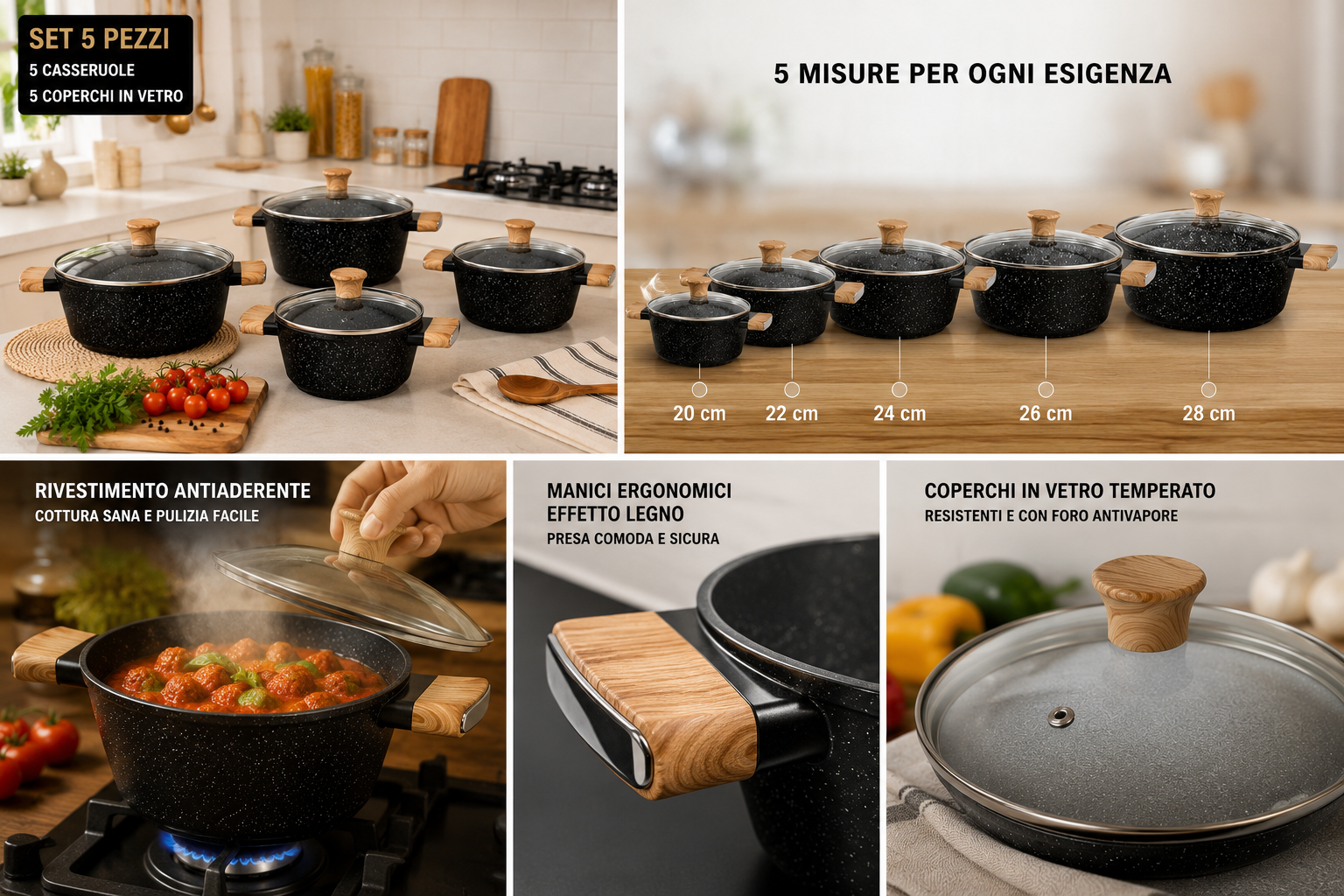 Set Pentole 10 Pezzi: 5 Casseruole + 5 Coperchi in Vetro Antiaderenti Effetto Pietra vanno bene su tutti piani di cottura