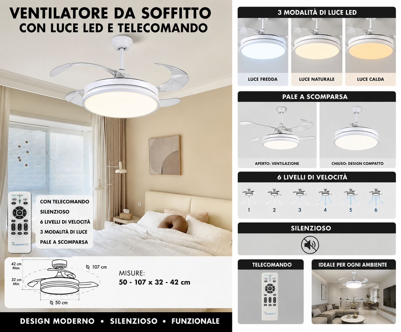 Ventilatore da Soffitto con Luce 3 pale LED Dimmerabile e Telecomando – 48" a Pale Retrattili, Silenzioso, Plafoniera Moderna per Interni