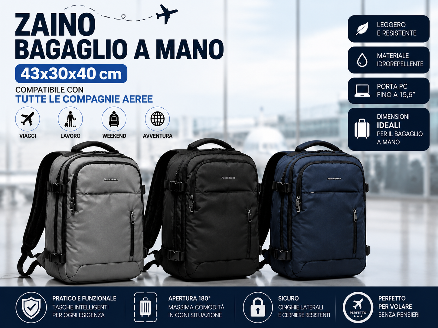 Zaino da Viaggio Compatto 43x30x40 cm con 3 Scomparti Vano Porta Scarpe Tasca Borraccia