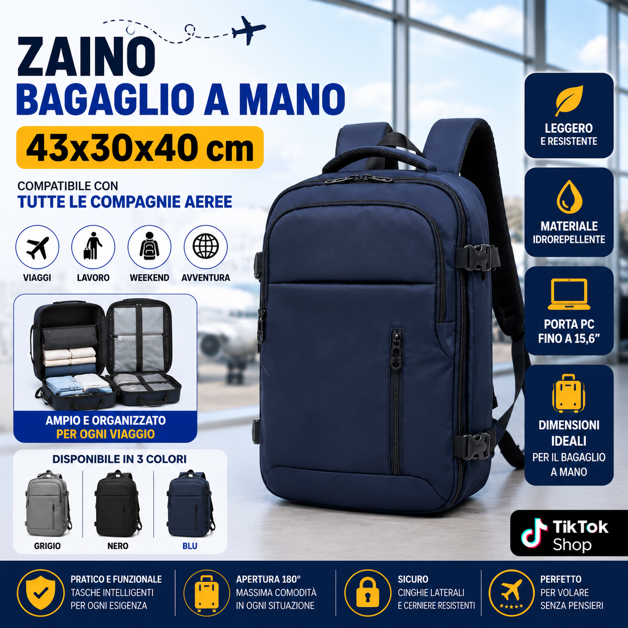 Zaino da Viaggio Compatto 43x30x40 cm con 3 Scomparti Vano Porta Scarpe Tasca Borraccia