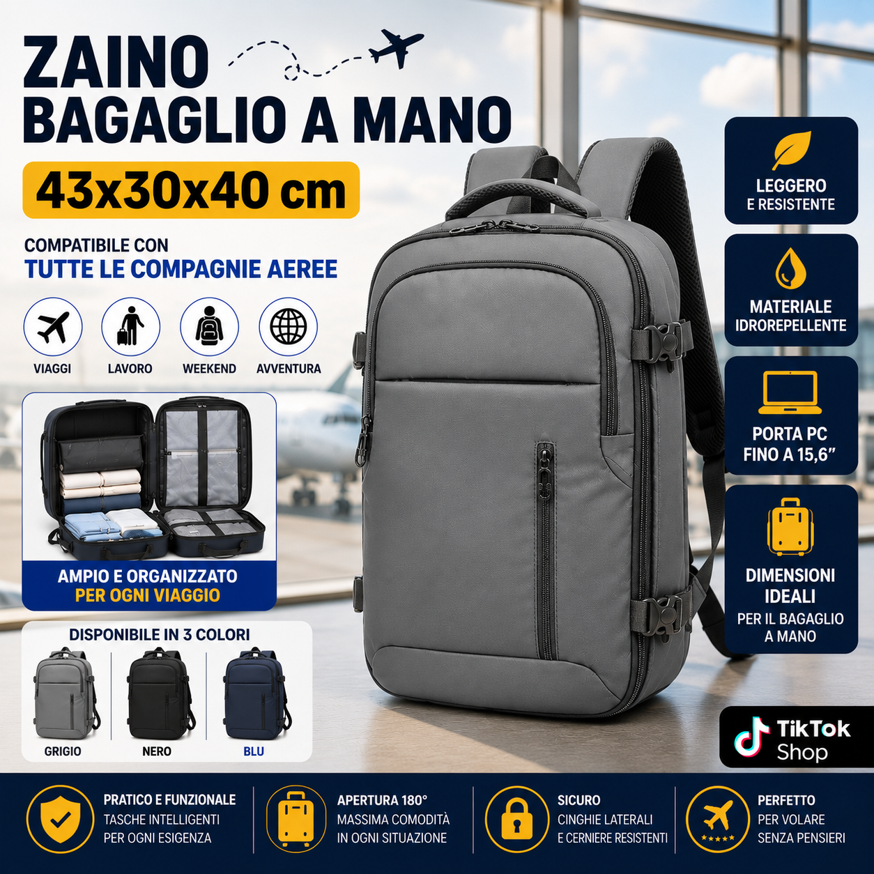 Zaino da Viaggio Compatto 43x30x40 cm con 3 Scomparti Vano Porta Scarpe Tasca Borraccia