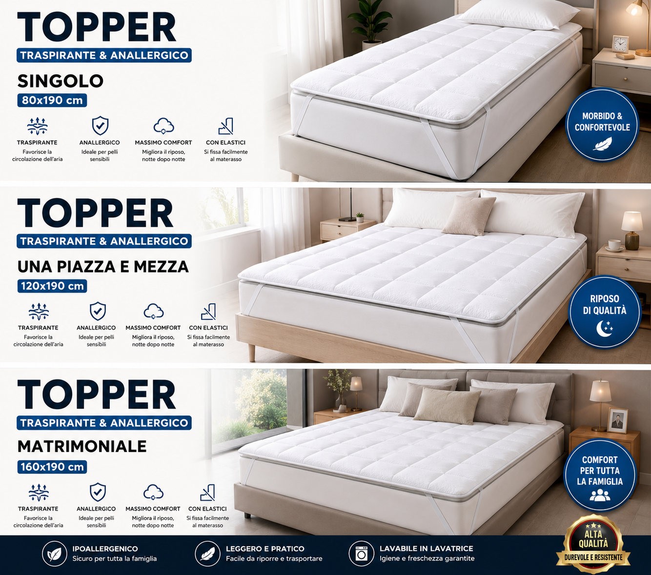 Topper Singolo /Una Piazza E Mezza /Matrimoniale Traspirante Trapuntato Anallergico con Elastici