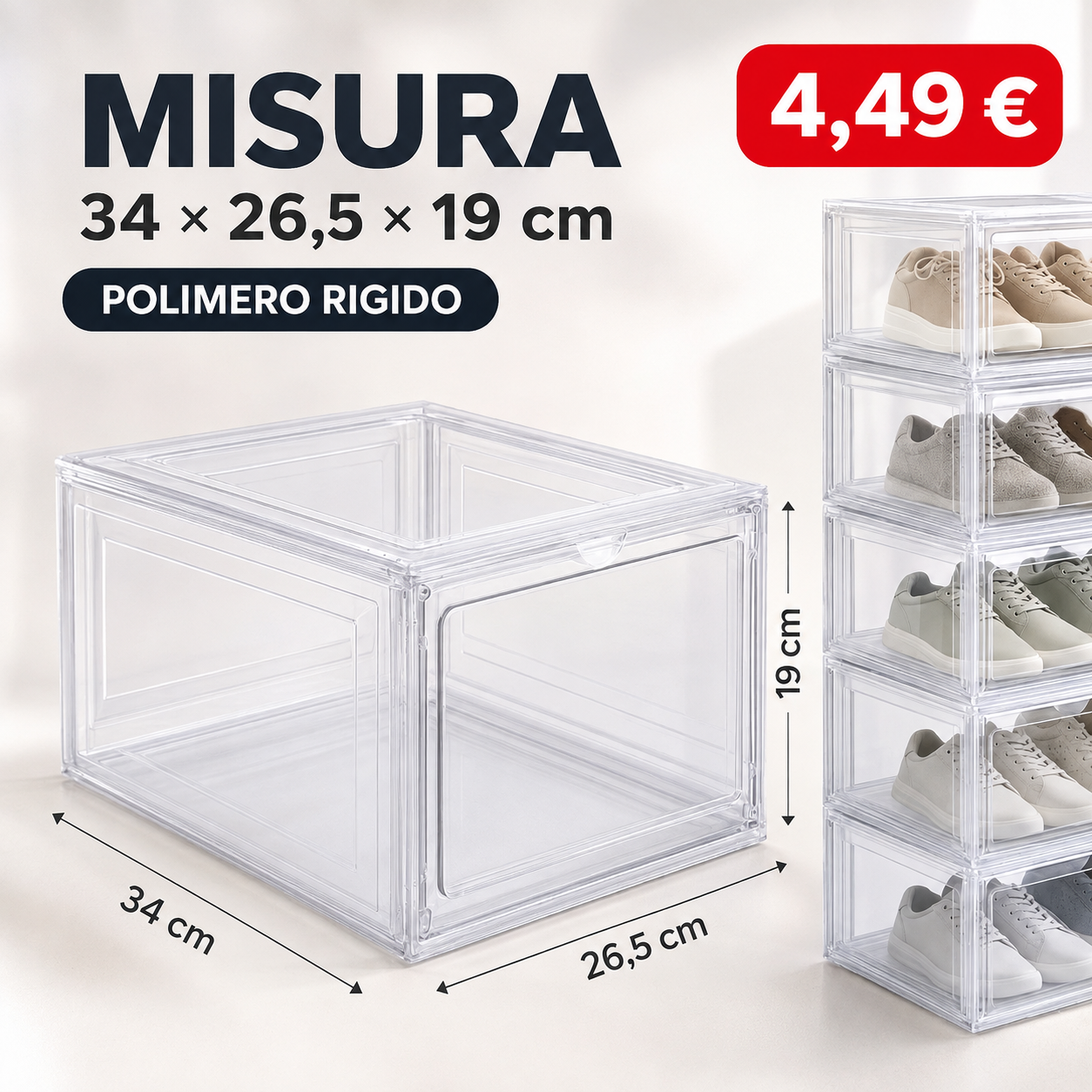 Contenitore Scarpe Modulare Premium - Box Salvaspazio in Polimero Rigido Clear e Black Smoke 34x26.5x19 cm