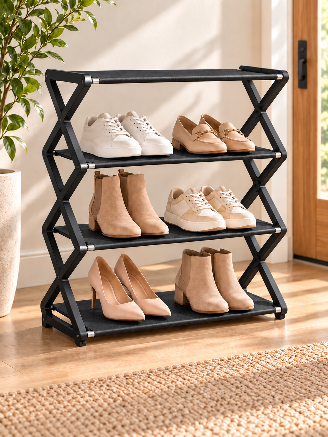 Scarpiera Pieghevole Salvaspazio a Ripiani – Organizer Scarpe per Ingresso e Camera – Nero, Grigio e Bianco