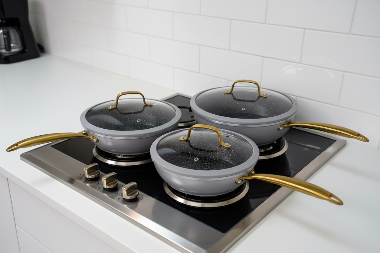 Bavaria Set di Padelle ALTO in Pietra Lavica con Coperchio Padella Antiaderente MAXI MISURE doppie Nero 20cm 24cm 28cm per Cucine a Gas e Induzione