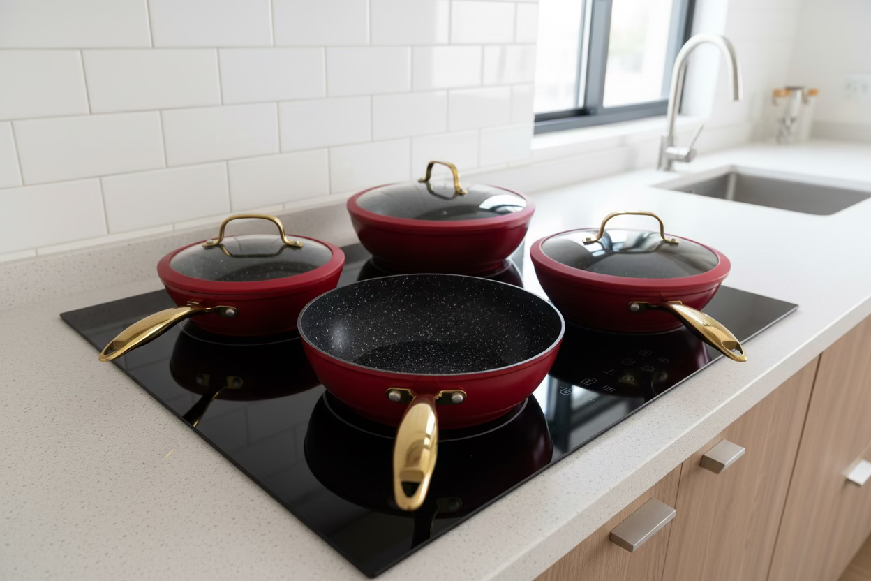 Bavaria Set di Padelle ALTO in Pietra Lavica con Coperchio Padella Antiaderente MAXI MISURE doppie Nero 20cm 24cm 28cm per Cucine a Gas e Induzione