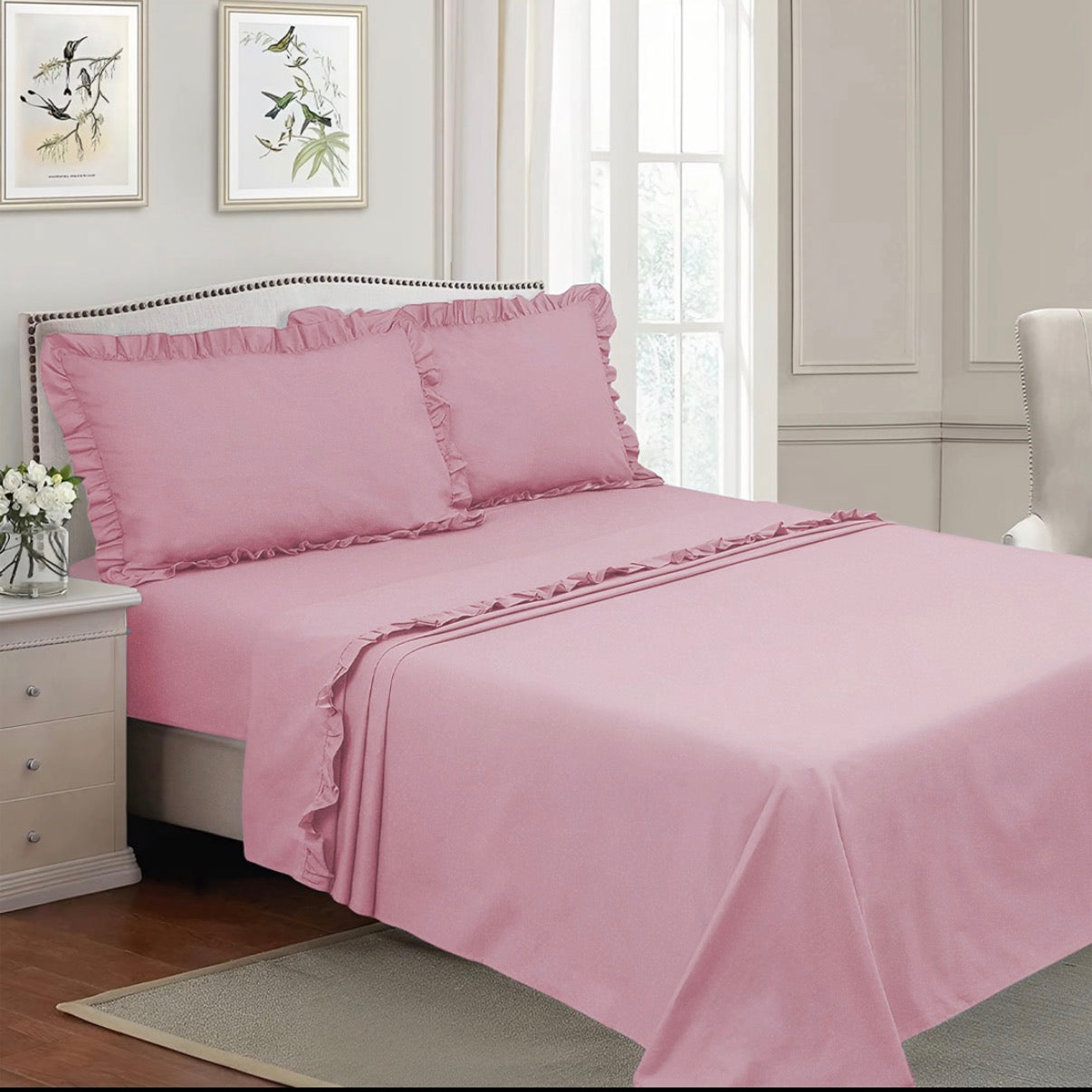 Completo per Letto Matrimoniale con Volant Due Lenzuola e Due Federe con Rouche Tanti colori