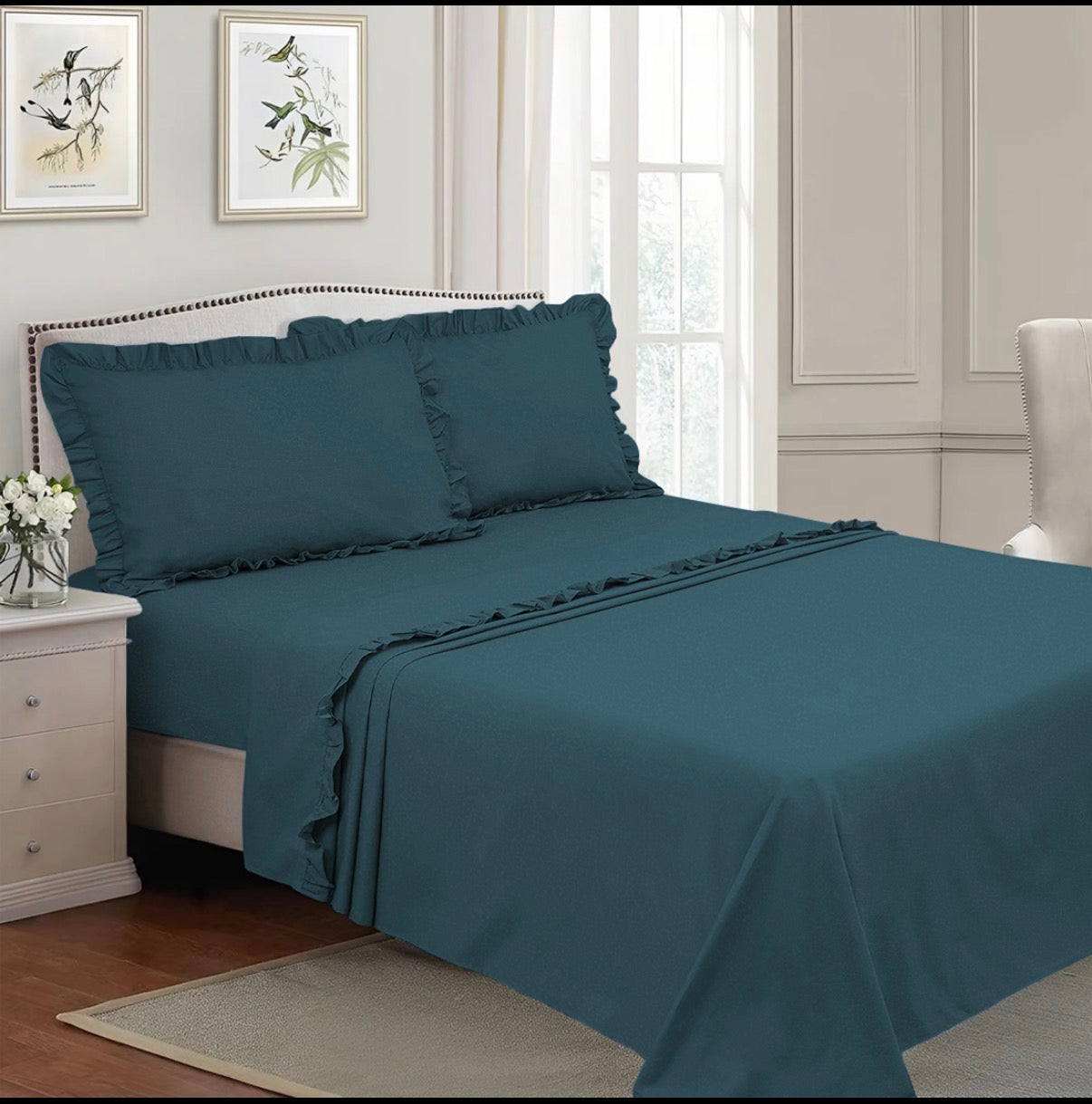 Completo per Letto Matrimoniale con Volant Due Lenzuola e Due Federe con Rouche Tanti colori