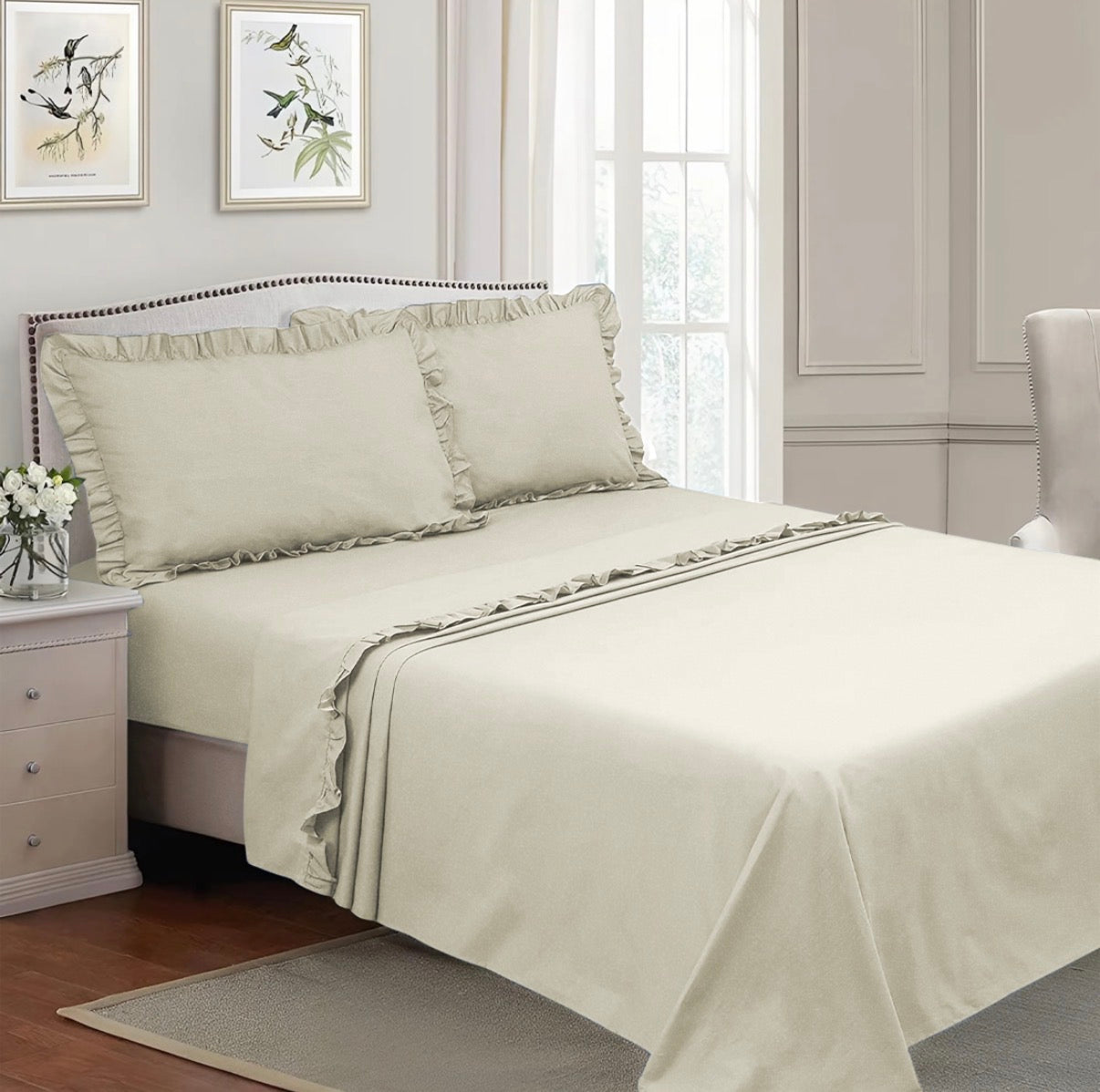 Completo per Letto Matrimoniale con Volant Due Lenzuola e Due Federe con Rouche Tanti colori