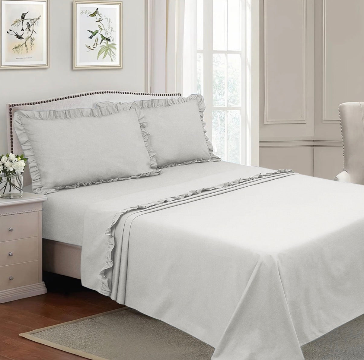 Completo per Letto Matrimoniale con Volant Due Lenzuola e Due Federe con Rouche Tanti colori