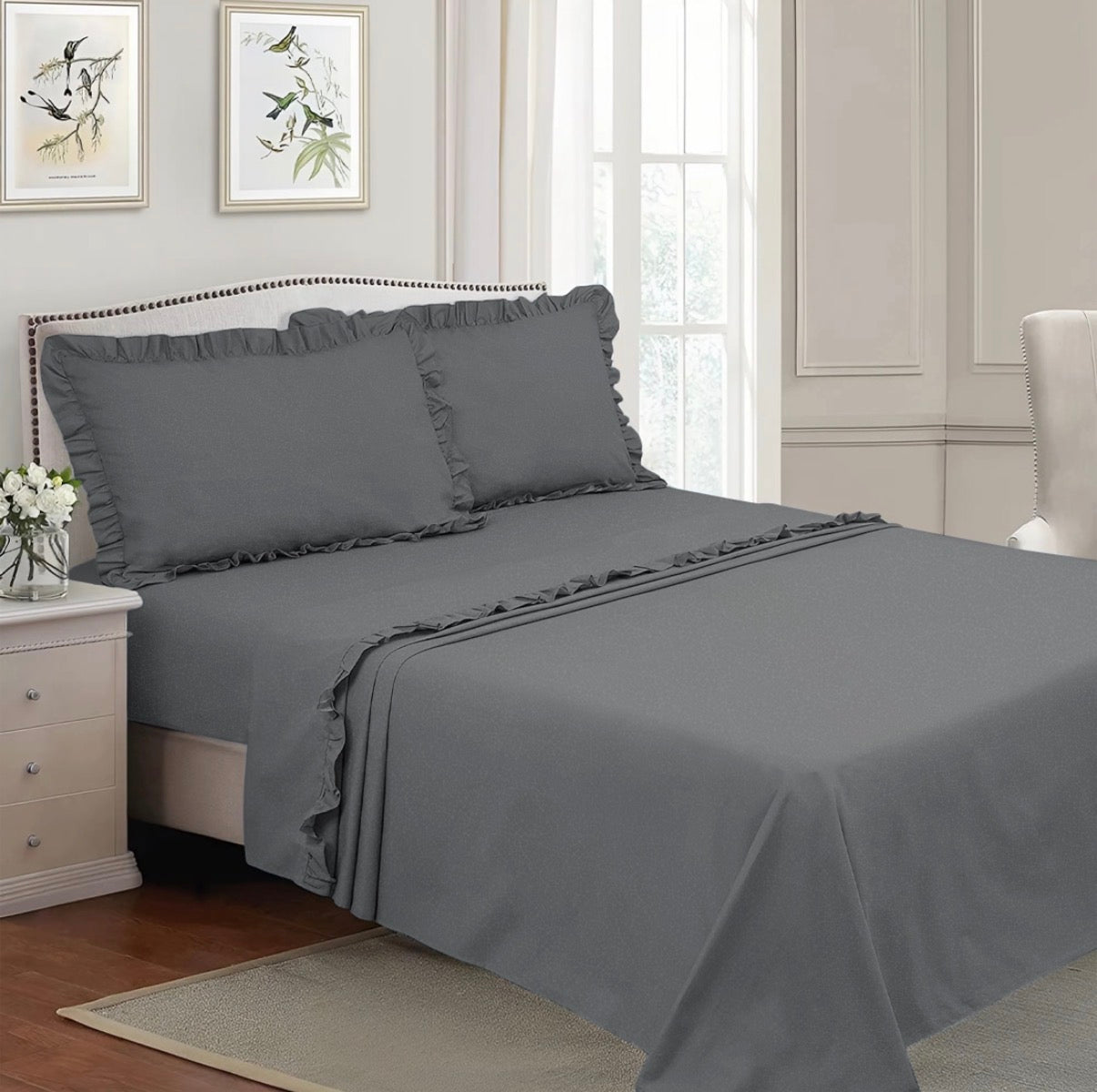 Completo per Letto Matrimoniale con Volant Due Lenzuola e Due Federe con Rouche Tanti colori