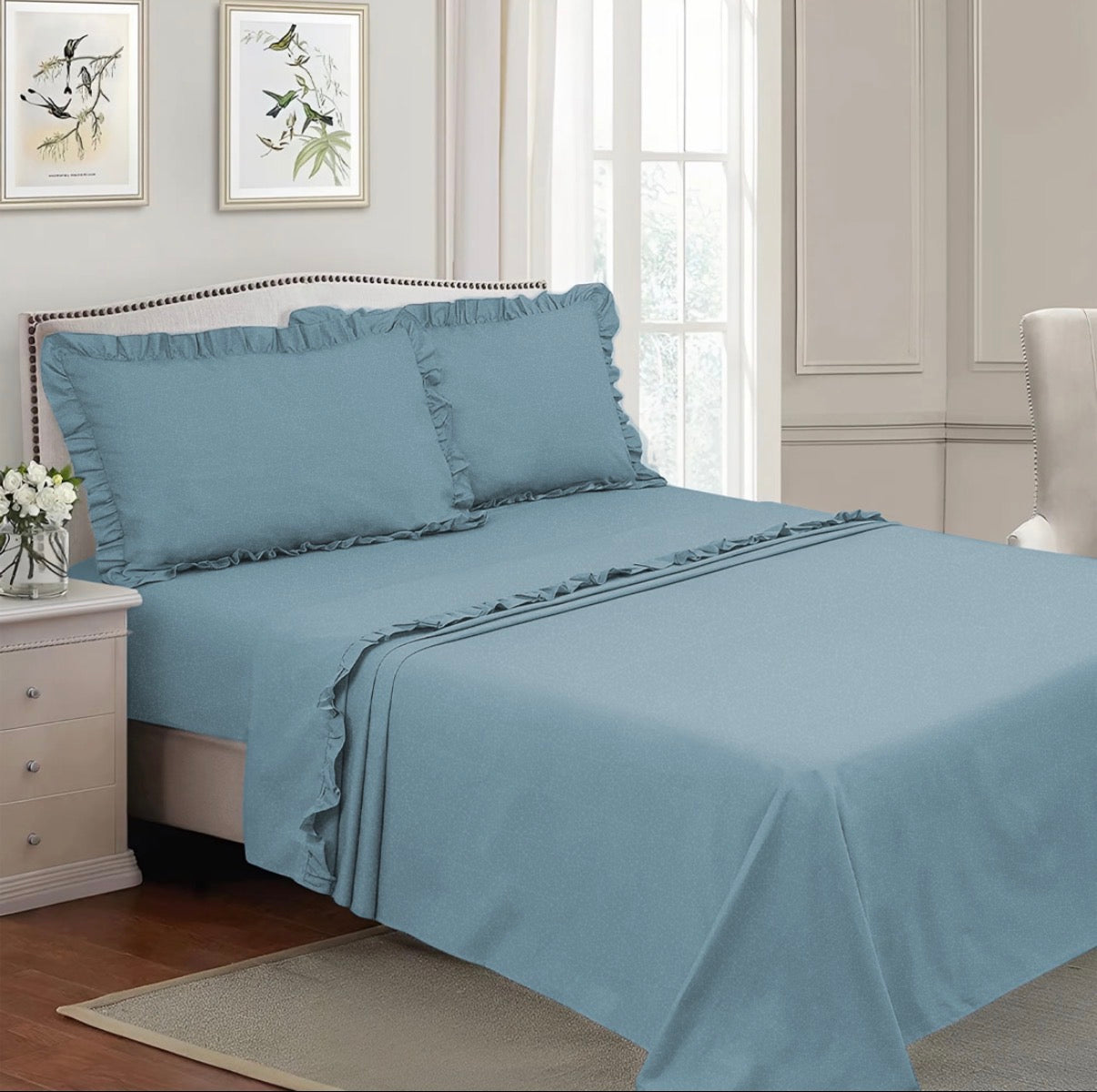 Completo per Letto Matrimoniale con Volant Due Lenzuola e Due Federe con Rouche Tanti colori
