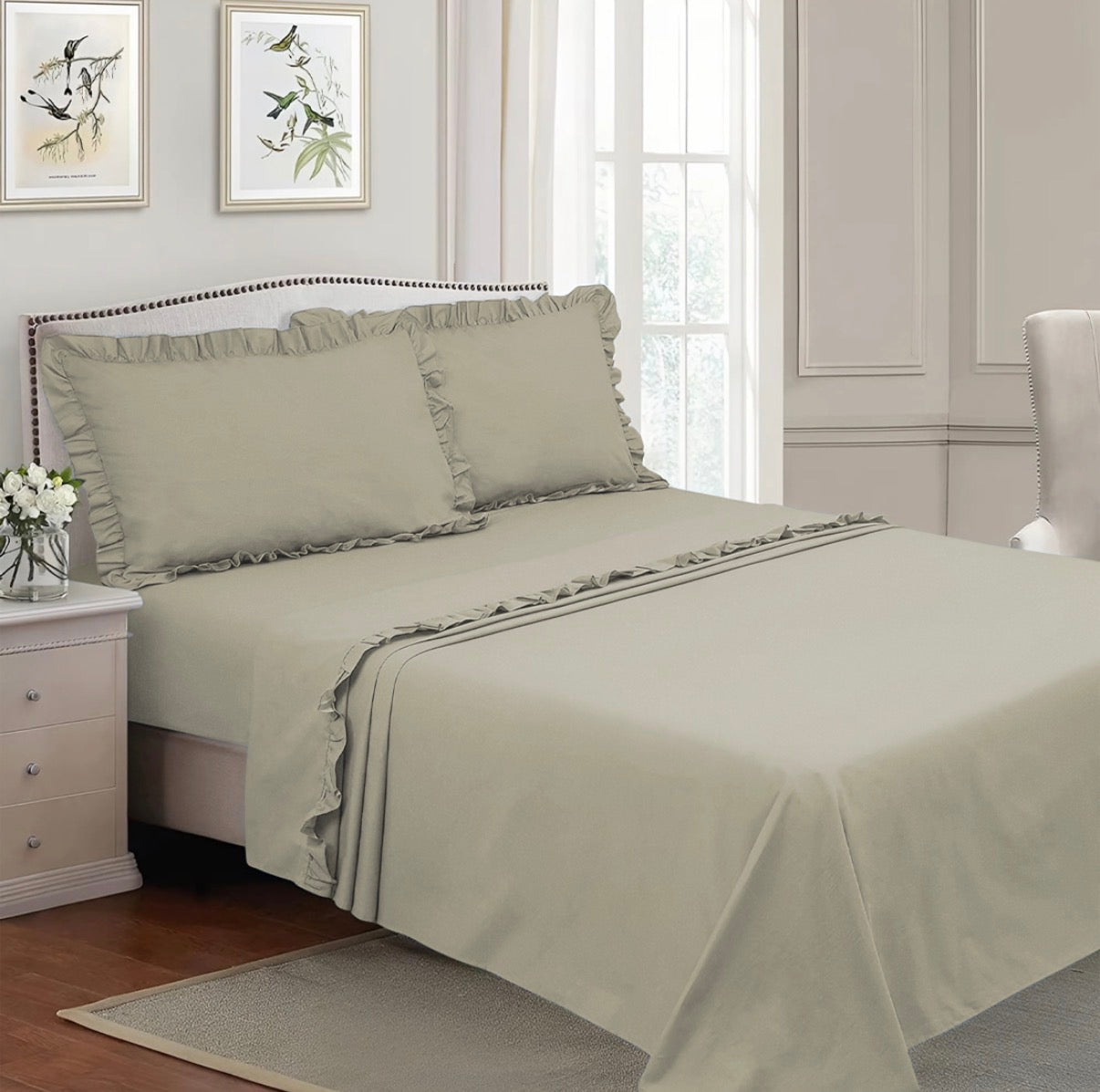 Completo per Letto Matrimoniale con Volant Due Lenzuola e Due Federe con Rouche Tanti colori