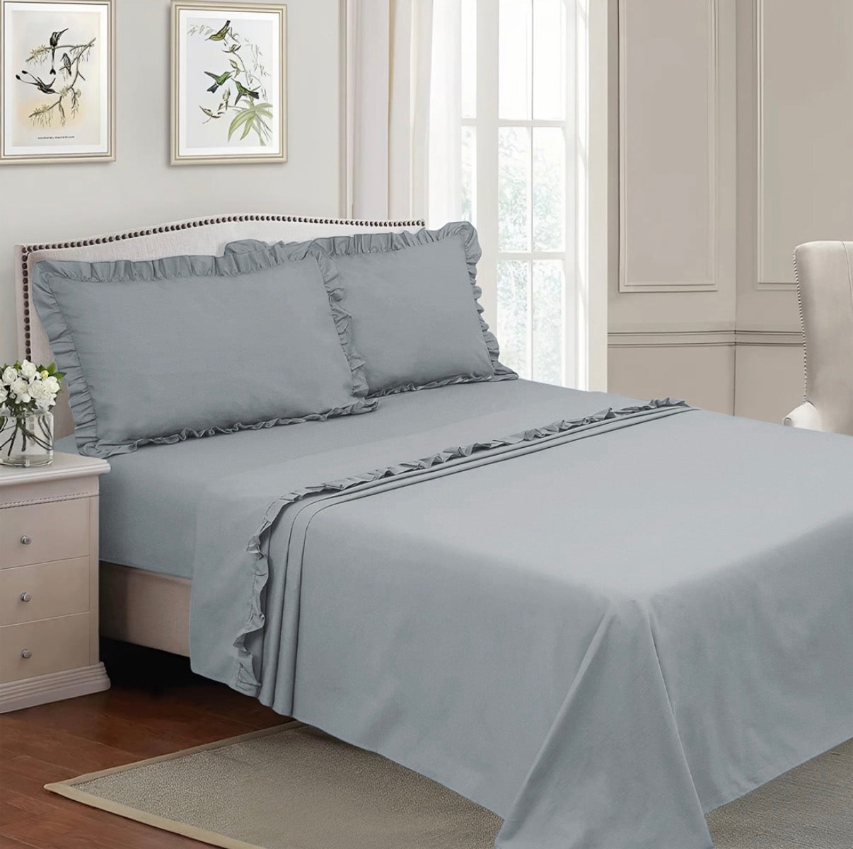 Completo per Letto Matrimoniale con Volant Due Lenzuola e Due Federe con Rouche Tanti colori