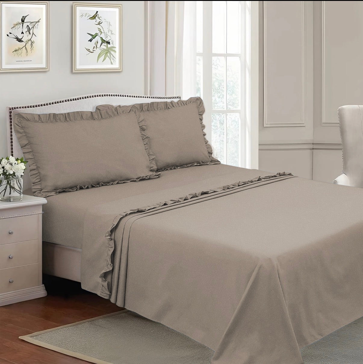 Completo per Letto Matrimoniale con Volant Due Lenzuola e Due Federe con Rouche Tanti colori