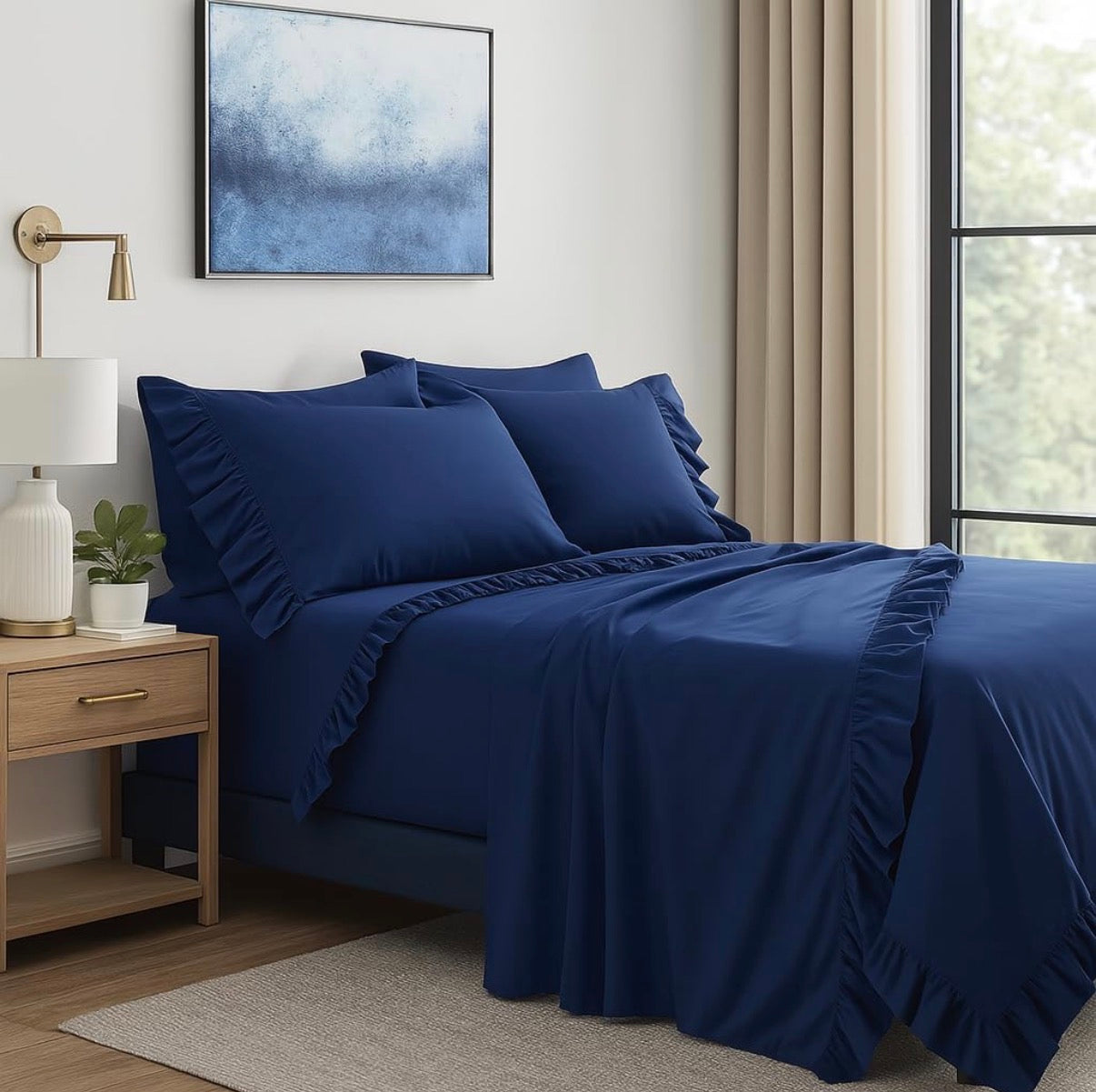 Completo per Letto Matrimoniale con Volant Due Lenzuola e Due Federe con Rouche Tanti colori