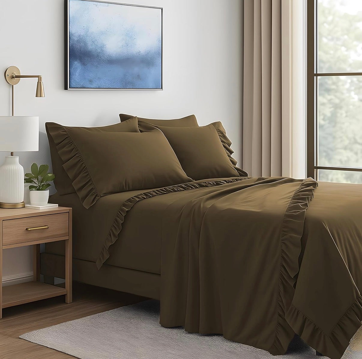Completo per Letto Matrimoniale con Volant Due Lenzuola e Due Federe con Rouche Tanti colori
