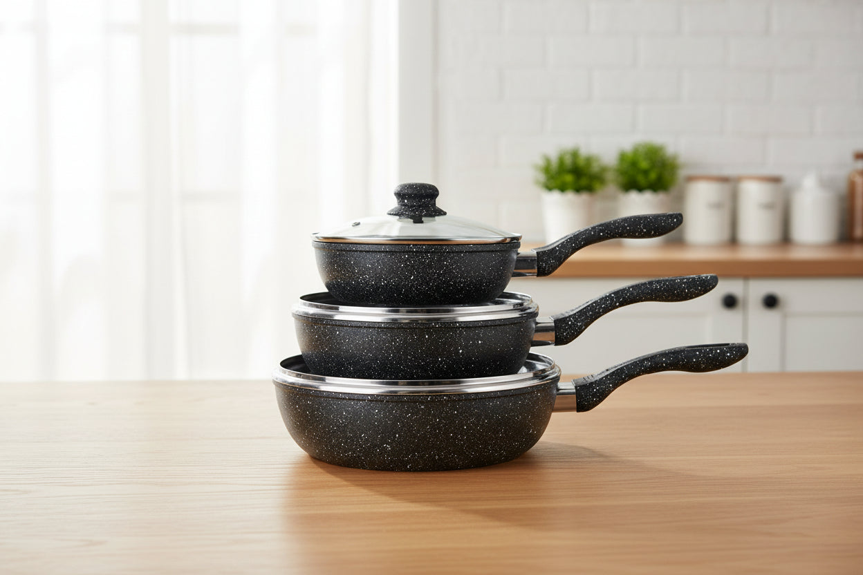 Set 3 Padelle Alte Nere AMC In Pietra Lavica Con Coperchi In Vetro Induzione su tutti i piani di cottura 20 24 28 cm