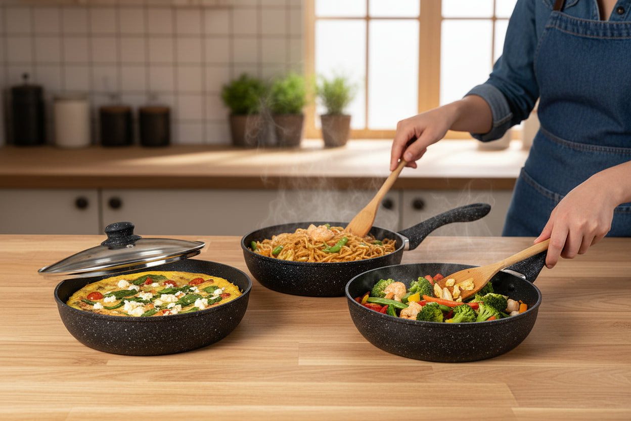 Set 3 Padelle Alte Nere AMC In Pietra Lavica Con Coperchi In Vetro Induzione su tutti i piani di cottura 20 24 28 cm