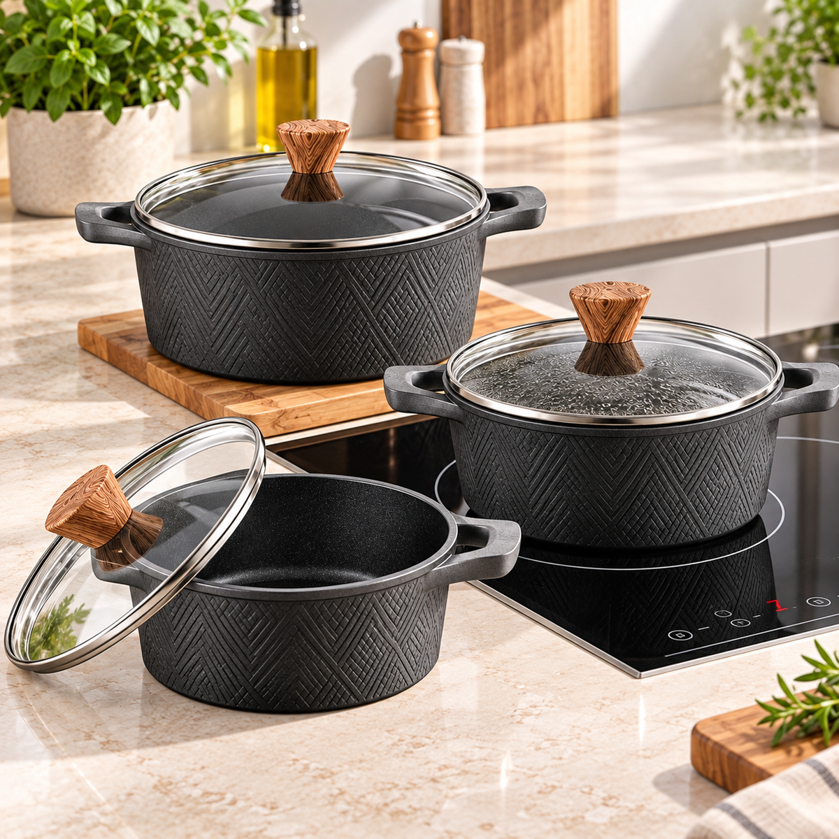 Set 3 Casseruole Antiaderenti 20, 24 e 28 cm con Coperchi in Vetro – Adatte all’Induzione e a Tutti i Fornelli Tradizionali