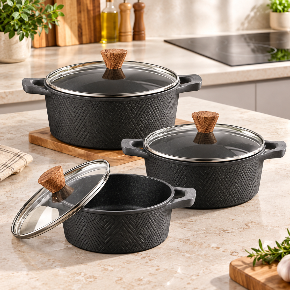 Set 3 Casseruole Antiaderenti 20, 24 e 28 cm con Coperchi in Vetro – Adatte all’Induzione e a Tutti i Fornelli Tradizionali