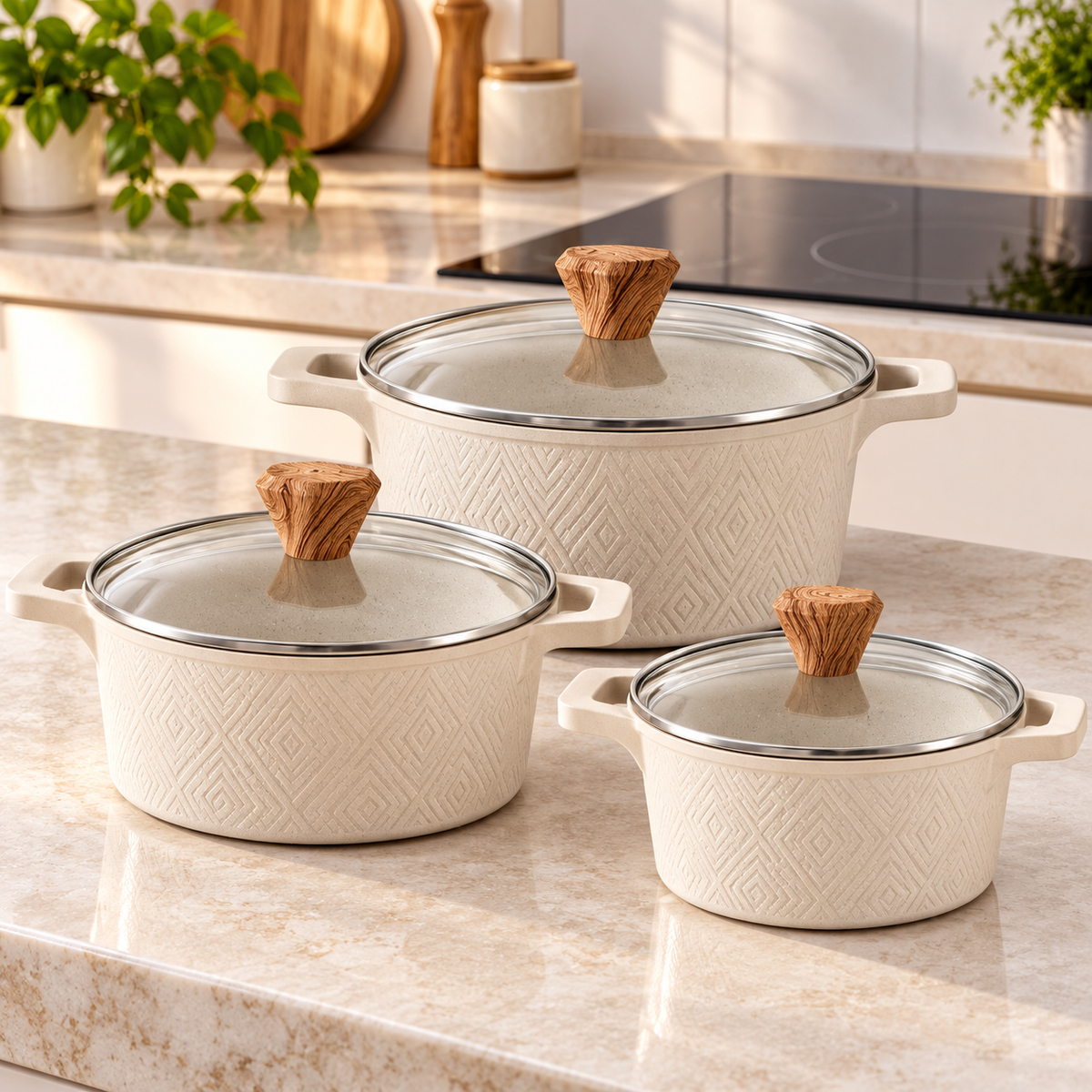 Set 3 Casseruole Antiaderenti 20, 24 e 28 cm con Coperchi in Vetro – Adatte all’Induzione e a Tutti i Fornelli Tradizionali