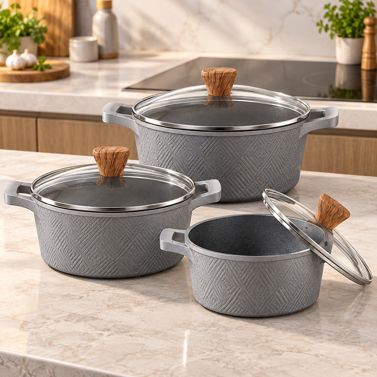 Set 3 Casseruole Antiaderenti 20, 24 e 28 cm con Coperchi in Vetro – Adatte all’Induzione e a Tutti i Fornelli Tradizionali