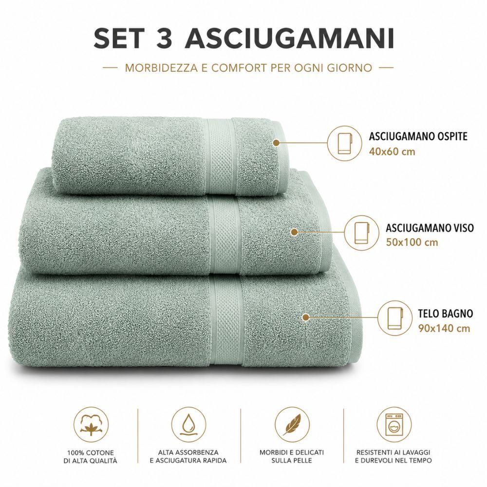 Set Asciugamani Spugna 3 Pezzi Morbidi Assorbenti 90x140 50x100 40x60